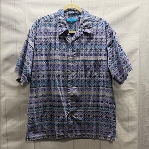 Tori Richard Blue and Purple Patterned Button Down Short Sleeve Shirt Large